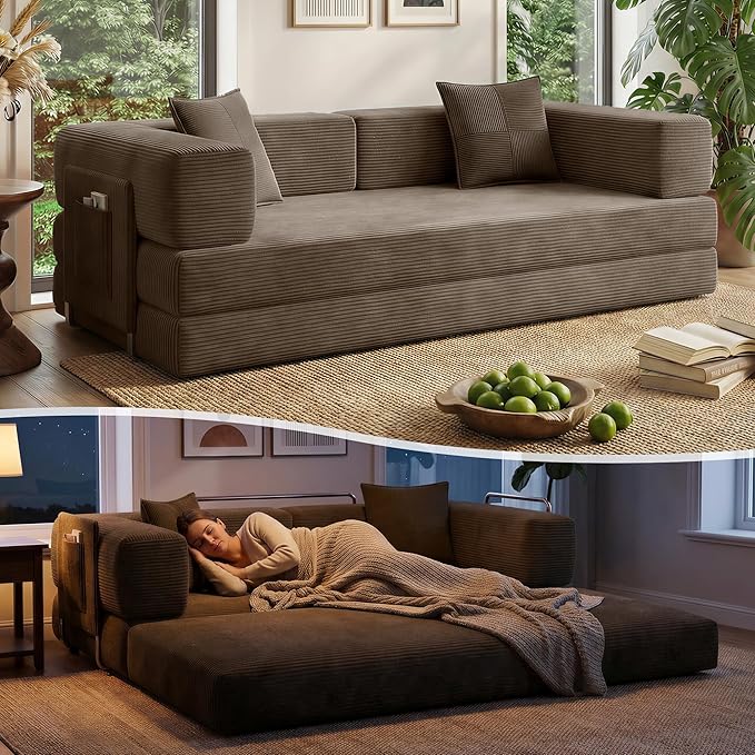 78.8 Convertible Sofa Bed with Armrest Pillow 4-in-1 Sleeper Couch Bed for Livingroom Modular Corduroy Boneless couches No Assembly (Brown)