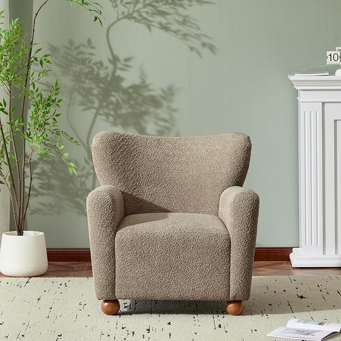 Christopher Knight Home Lindy Wingback Accent Chair Upholstered Armchair with Rounded Wooden Legs Curved Backrest Single Sofa Soft Cushion Seating Comfy Lounge Chair for Living Room Light Brown