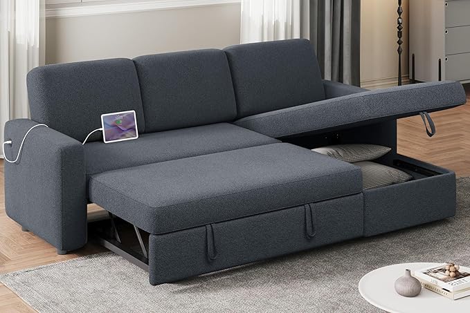 Yaheetech Sectional Sofa L-Shaped Sofa Couch Bed w/Chaise &amp USB Reversible Couch Sleeper w/Pull Out Bed &amp Storage Space Living Room Dark Gray