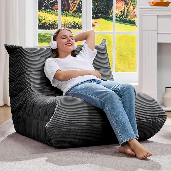 Bean Bag Chairs for Adults Giant Bean Bag Chair Memory Foam BeanBag Chair Bean Bag Sofa with Filler Faux Fur Fireside Beanbags Lazy Sofa for Living Room Bedroom Office (Grey Corduroy Single)