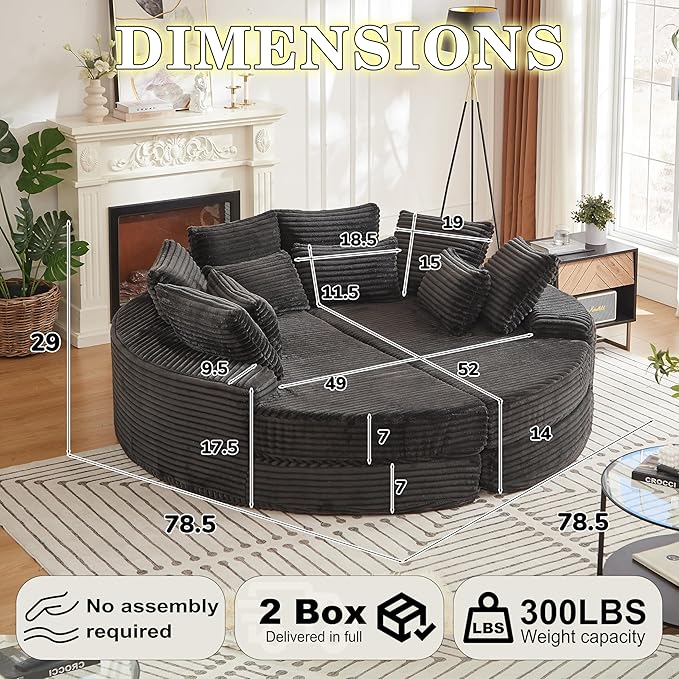 78.5 Corduroy Boneless Round Oversized Sofa Converts into Two Recliners 2-in-1 Sofa Bed Convertible Lounge Chair Neck Pillow Design with Five Throw Pillows (Black Full Circular Sofa)