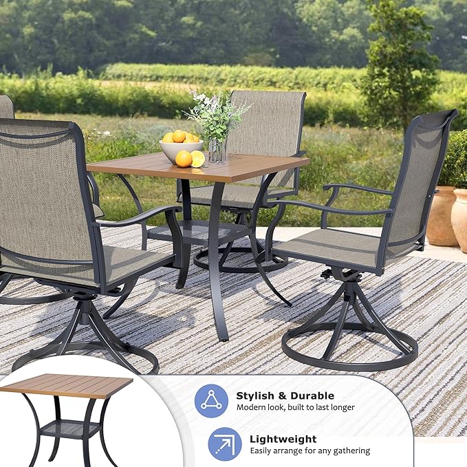 27.6 Square Outdoor Patio Table All-Weather Metal Patio Table with Storage ShelfOutdoor Dining Table for Lawn Garden Porch Walnut