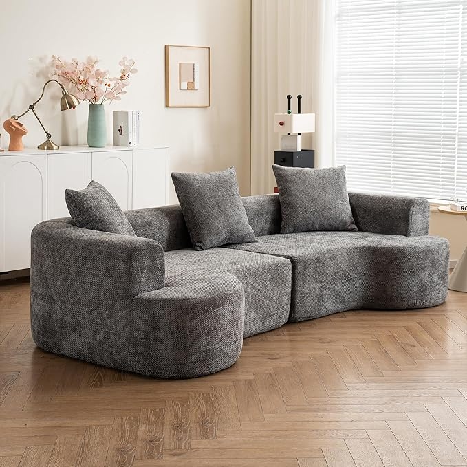106.72” Curved Sofa Oversized Curved Couch for Living Room Corduroy Fabric Foam Couch Modern Deep Seat Couched with Pillows No Assembly Grey