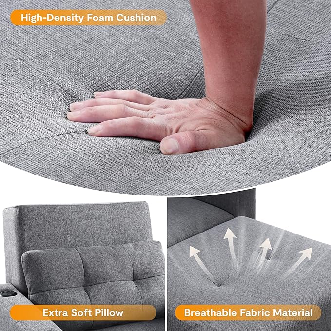 FLEXISPOT XCT2 Sleeper Chair Bed Sofa Bed Chair 3 in 1 w/USB Port Pillow Cup Holders Convertible Pull Out Bed W/Adjustable Backrest for Living Room Apartment Small Space Grey