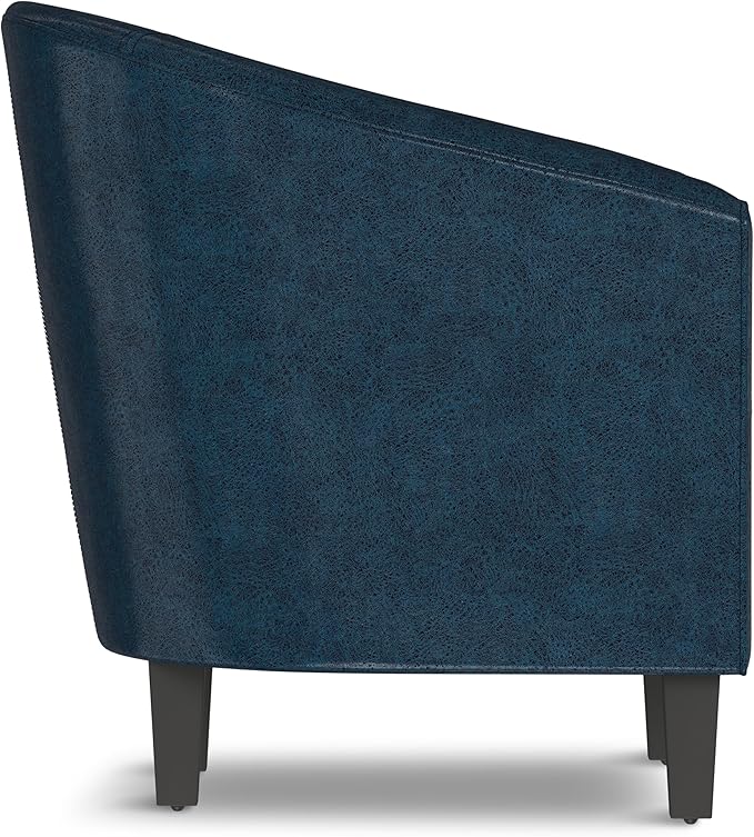 SIMPLIHOME Austin Tub Chair - 30 inch Wide Upholstered Faux Leather Contemporary Accent Chair in Distressed Dark Blue for Living Room or Office with High Arms Removable Cushion and Curved Backrest