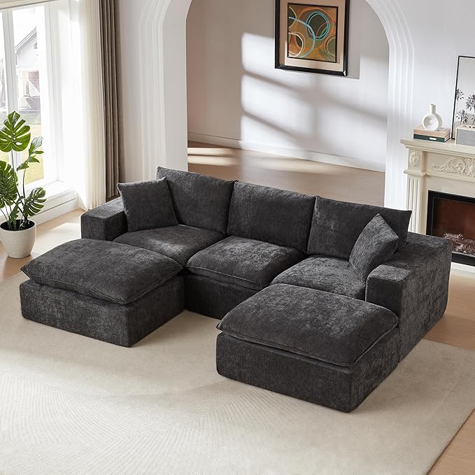 KEIKI 108 U-Shaped Oversized Chenille Modular Sectional Sofa with 2 Ottoman &amp High-Density Foam Cushion &amp Pillows Upholstered Modern Cloud 3-Seater Couch Easy Assembly for Living Room Dar