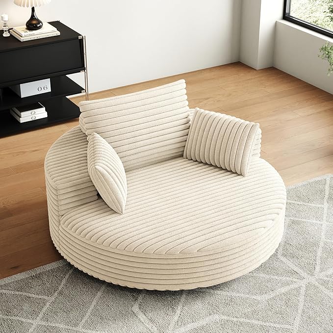 TTK 55” Oversized Corduroy Swivel Chair Fluffy 360° Rotating Sleeper Armchair with Pillows &amp Headrest Full Foam Barrel Chair for Living Room Bedroom Reading Nook Lounge or Apartment Beige
