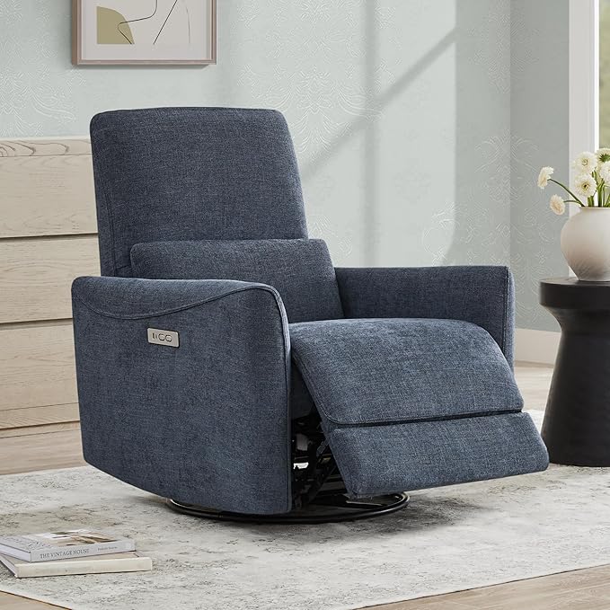 CHITA Power Recliner Chair Swivel Glider FSC Certified Upholstered Fabric Living Room Nursery Reclining Sofa Chair with Lumbar Support Ink Blue