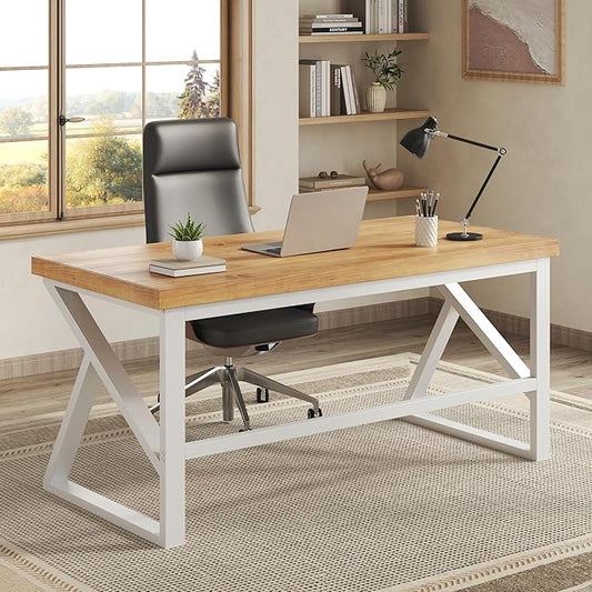 IBF 47”Solid Real Wood Desk Minimalist Natural Wood Computer Desk Rustic Desk for Home Office Writing Study Vintage Industrial Wooden PC Gaming Workstation Computer Table Natrual Oak