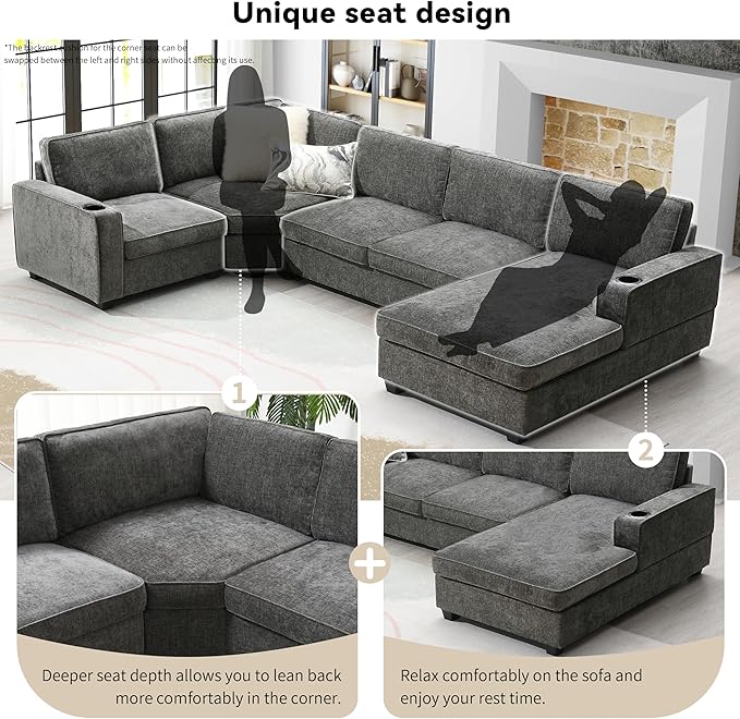 119 * 67 U Shaped Sectional Sofa6 Seat Chenille Corner Couch Set with Oversized Chaise LoungeIrregular Corner Deep and Wide Seat Comfy Sofa with Cup Holders for Living RoomApartment (Gray-V33)