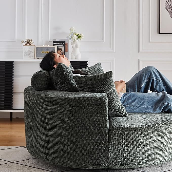360° Oversized Swivel Chair Modern Circle Round Lounge Chair with Deep Seat Comfy Back Cushion &amp 2 Throw Pillows for Living Room Bedroom Office Dark Green Chenille