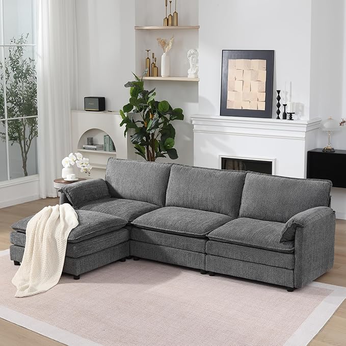 108 Cloud Sectional Couches for Living Room Convertible L Shaped Modular Sectional Sofa with Movable Ottoman 3-Seat Chenille Cloud Couch with Deep Seat for Bedroom Apartment Dark Gray