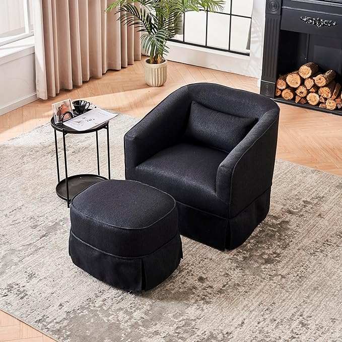360-Degree Swivel Barrel Chair with OttomanModern Accent ChairComfortable ArmchairsReading Chairs for Living RoomOfficeReception AreaBlack