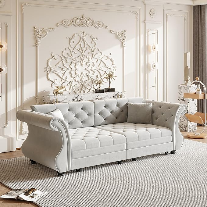 83.8 Queen Size Sleeper Sofa Bed 3-in-1 Convertible Pull Out Chesterfield Sleeper Couch Oversized Velvet Flower Button Tufted Loveseat Sofa for Living Room Small Spaces Grey