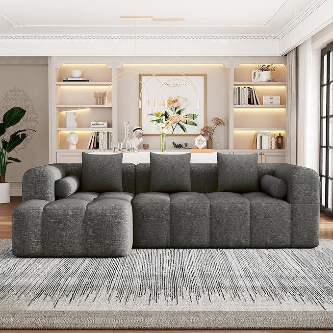 101.2 Sectional Sofa Full-Compressed Sofa Modular Sofa Couch Free-Combined with Deep Seating and Two Side Pockets for Living Room (Grey@90)