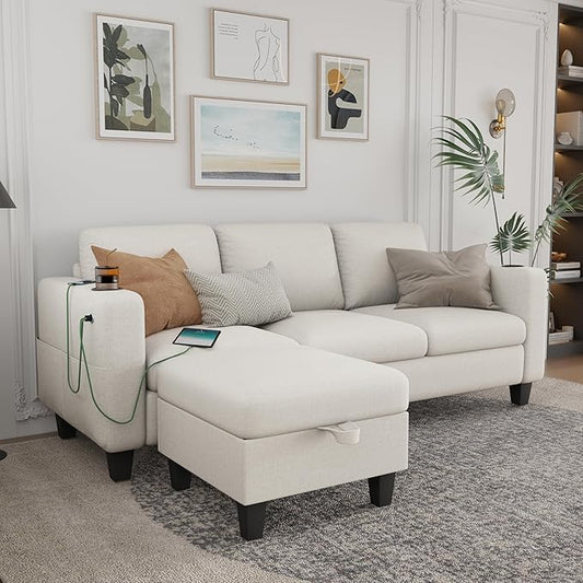 Sectional Sofa and Couches for Living Room - 78'' Beige USB+Type C Ports and 2 Cup Holders &amp Movable Ottoman Convertible Sectionals Sofas with Chaise for Apartment Office Small Space