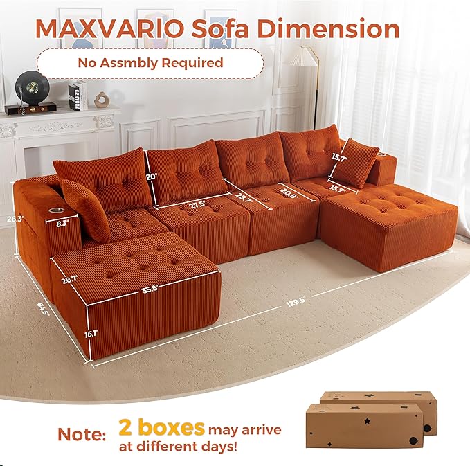 MAXYOYO 129.5 Modular Sectional Sofa Couch U Shaped Modern Cloud Couch with 2 Ottomans Sofa in A Box Tufted 6-Seat Boneless Sleeper Chair for Living Room No Assembly Required Orange