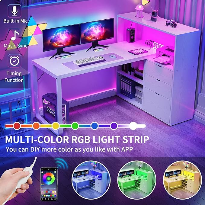 DWVO L Shaped Desk with Drawers 55 Corner Computer Desk with Bookshelf &amp Power Outlets &amp LED Lights Home Office Desk with Storage Shelves White