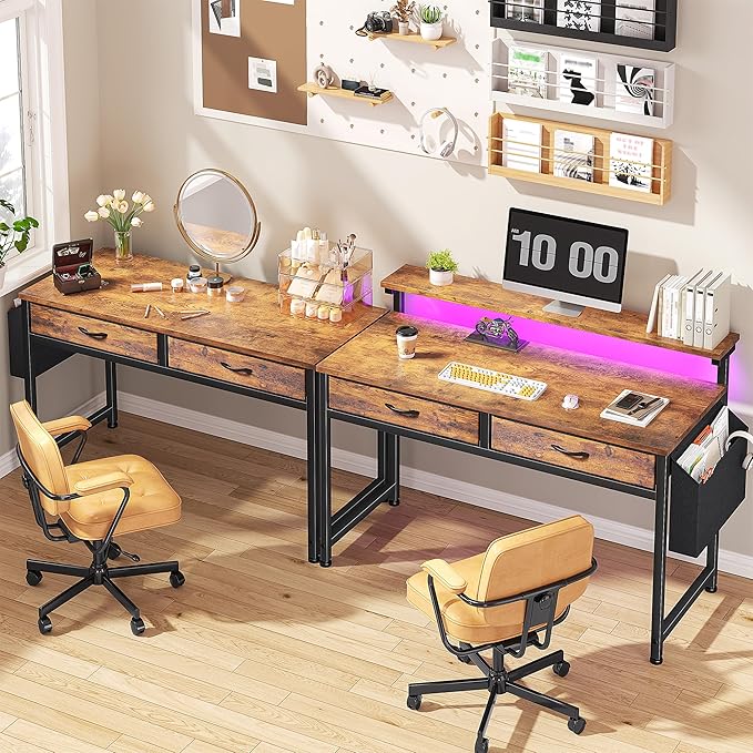 Gaming Desk with LED Lights &amp 2 Fabric Drawers 39.4Inch Home Office Computer Desk with Side Pocket &amp Ergonomic Monitor Stand Small Space Study Writing Table with Anti-Tip Design Rustic Brow