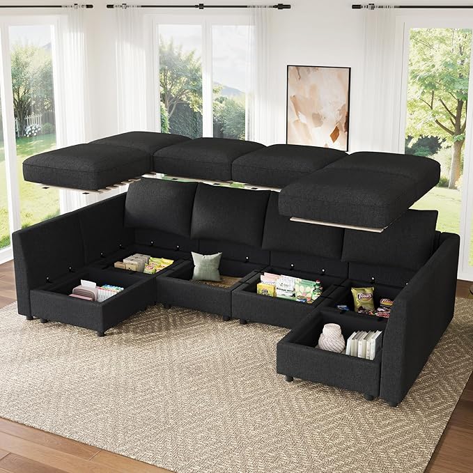 HONBAY Modular Sectional Sofa Couch with Storage Modern U Shaped Sectional Sofa Convertible Sectional Couch for Living Room - Linen Grey