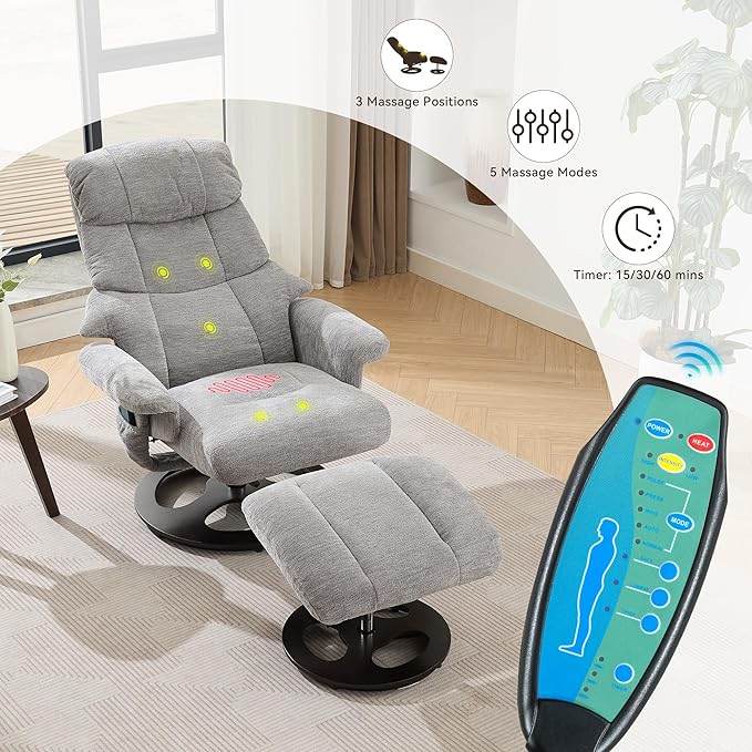 Ergonomic Recliner Chair with Ottoman for Adults 360° Swivel Massage Lounge Chair with 5-Point Vibration &amp Heated Seat140° Adjustable Chenille Recliner for Living Room Office (Grey+Chenille)