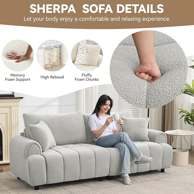 88 Modern Boucle Sofa Couch Oversized Comfy 3 Seater Sherpa Curved Sofas Deep Seat Upholstered Loveseat Teddy Round Arm Couches for Living Room Bedroom Light Grey