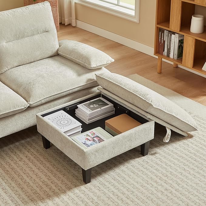 86'' Chenille Sofa with Storage Ottoman Modern Living Room Sofa with Removable Washable Cushion 3 Seater Comfy Couch for Apartment Bedroom Office (Beige)