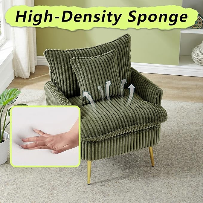 30 Green Accent Chair Corduroy Accent Armchair with Soft Pillow &amp Gold Legs Comfy Upholstered Arm Chairs for Samll Space Living Room Bedroom 300 LBS Capacity (Green)