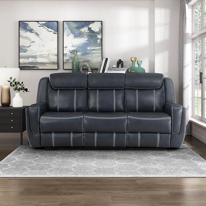 Lexicon Modern Double Recliner Sofa Faux Leather Reclining Sofa with Center Drop-Down Cup Holders Storage Pouch Receptacles USB Ports Manual Recliner Couch for Living Room/Office/Apartment Blue