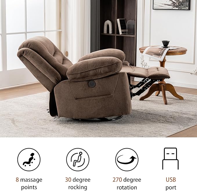 Power Swivel Rocker Recliner with Massage and Heat USB Port Infinite Position Oversized Electric Glider Rocking Chairs Living Room Soft Fabric Reclining Sofa Chair(Mocha)
