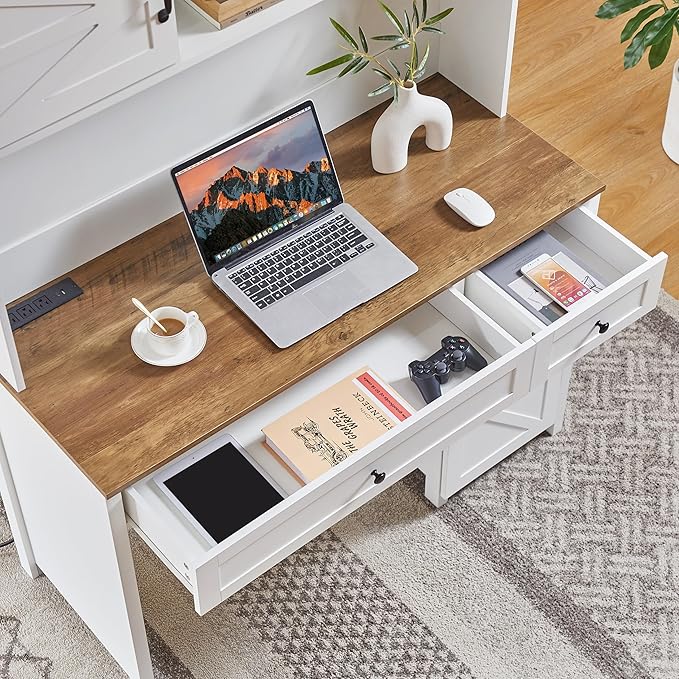 47 Farmhouse Executive Desk with Drawers Wood Home Office Desk wCharging Station File Drawer Storage Cabinet Rustic Computer Writing Desk (Antique White)
