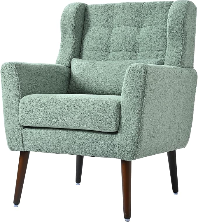 Modern Accent ChairTeddy Fabric Living Room Chairs Comfy Reading ChairMid Century Accent Chair Lounge Arm Chairs Armchair for Living Room Bedroom (Light Green)