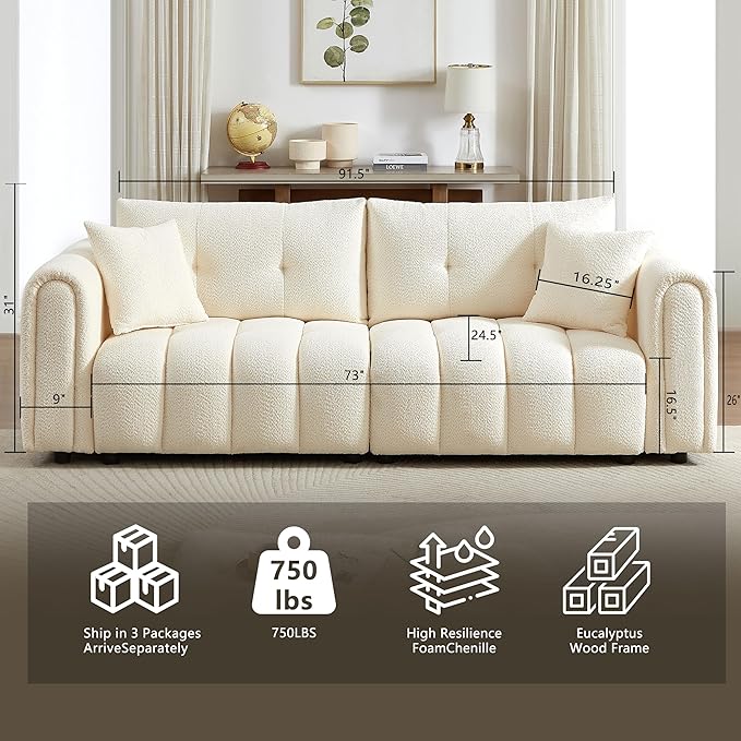 91.5 Modern Bubble Sofa Couch w/Medium Firm Seat Cushion and Deep Seats &amp Chenille Fabric 3 Seater Couch Sofa for Living Room Apartment Lounge Office.(Beige)
