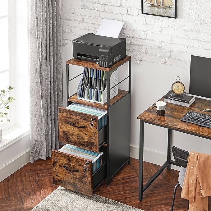 VASAGLE File Cabinet for Home Office 2-Drawer Filing Cabinet with Lock Open Shelf Printer Stand for A4 and Letter Sized Files Adjustable Feet Industrial Rustic Brown and Ink Black UOFC045B01