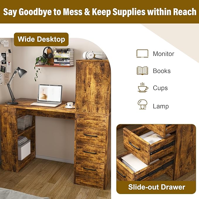43 Inch Computer Desk with Power Outlets Small Computer Desk with 3 Slide Drawers Home Office Desk with 4 Storage Shelves Gaming Corner Work Desk for Home Office Study