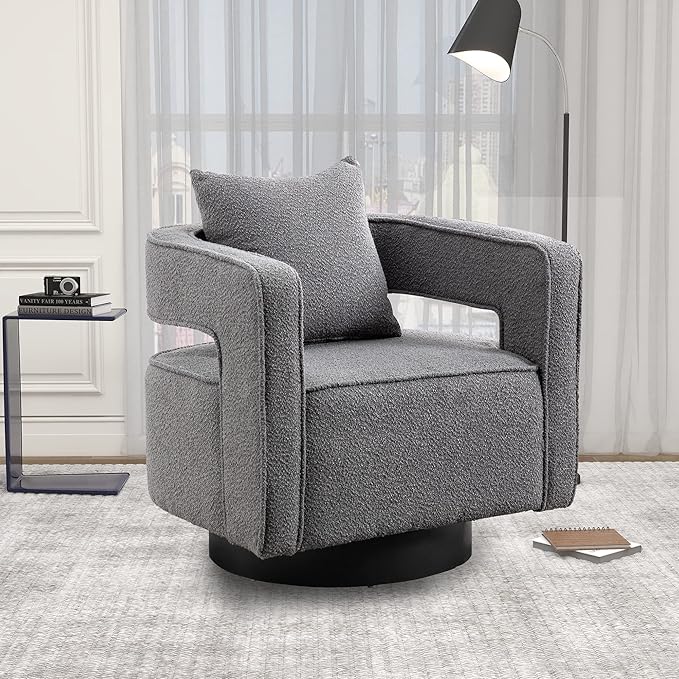 29 W Boucle Swivel Accent Open Back Chair 2 PackModern Comfy Sofa Chair with Black Wood Base for Nursery Bedroom Living Room Hotel Swivel Club Chair Leisure Lounge Chair (2pcs Chair Gray)