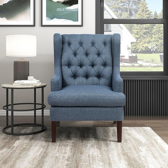Lexicon Living Room Accent Chair Textured Fabric Upholstered Reading Chair Button-Tufted High Wingback for Living Room/Bedroom/Office Blue