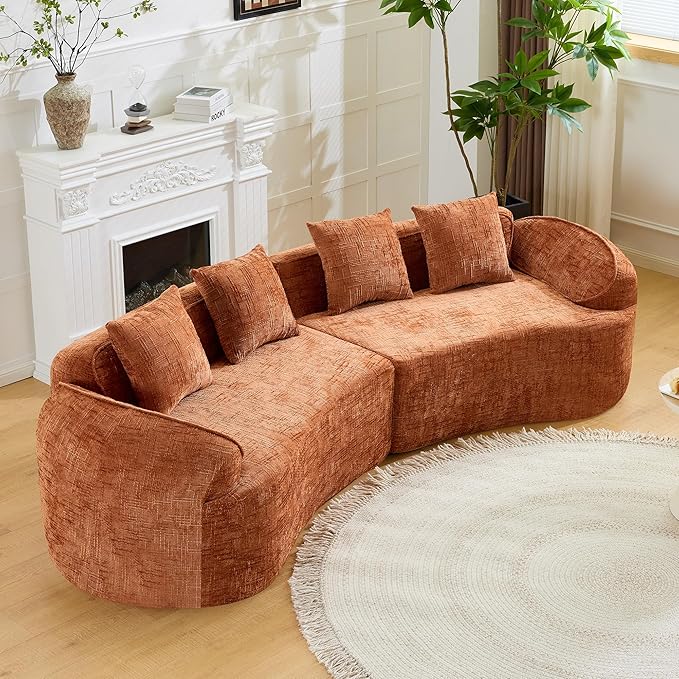 109'' Modern Curved Sectional Sofa Luxury Plush Chenille Upholstered Couch Comfy Cloud Compressed Sofa with 4 Pillows for Living Room Apartment Office No Assembly Needed Orange