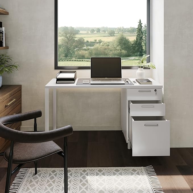 Modern Design Milano Office Desk with 3 Locking Drawers 48 Inch White Industrial Wood Desk with Filing Drawer and Storage by Crafts and Comfort
