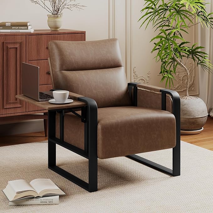 Upholstered Living Room Chair Armchair Mid Century Faux Leather Metal Accent Chair Reception Couch Office Guest Chair Slipper Club Lounge Single Sofa with Sidetable for Bedroom-Brown