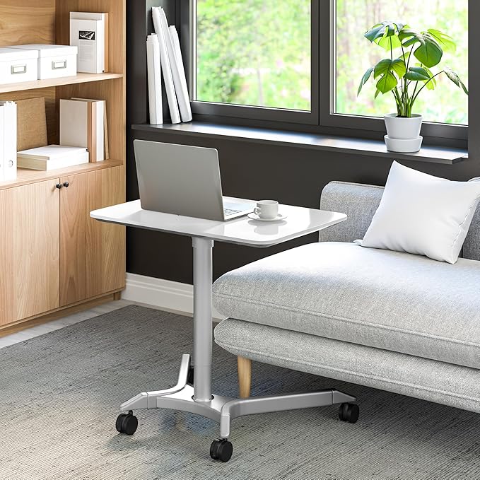 Seville Classics Airlift Height Adjustable Pneumatic Laptop Sit Stand Desk Mobile Rolling Cart Computer Workstation for Home Office Classroom White 28 Premium Desktop (New Model)