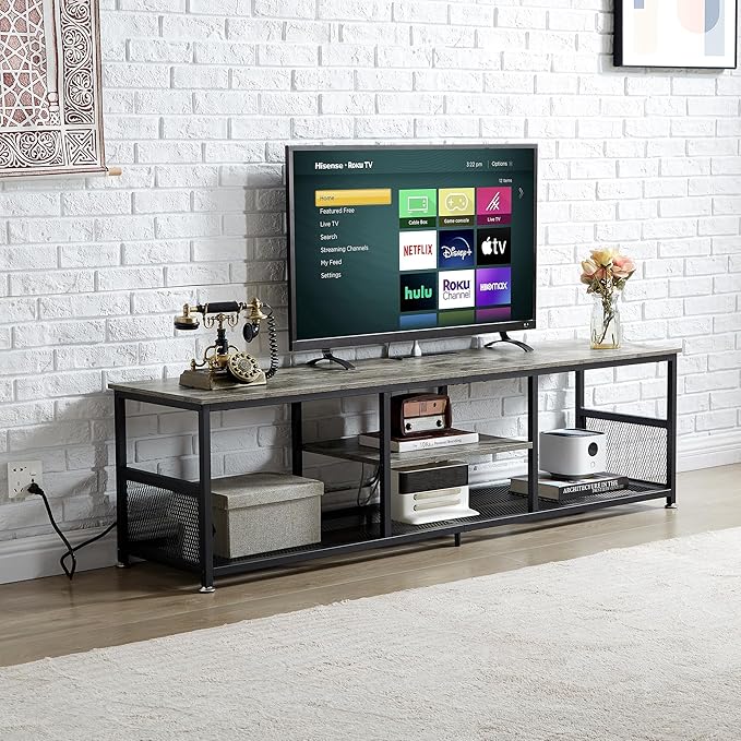VECELO TV Stand with Power Outlets for Televisions up to 75Inch 62 Media Entertainment Center with Charging Station 3-Tier Open Storage Shelves with Metal Frame for Living Room/BedroomGrey