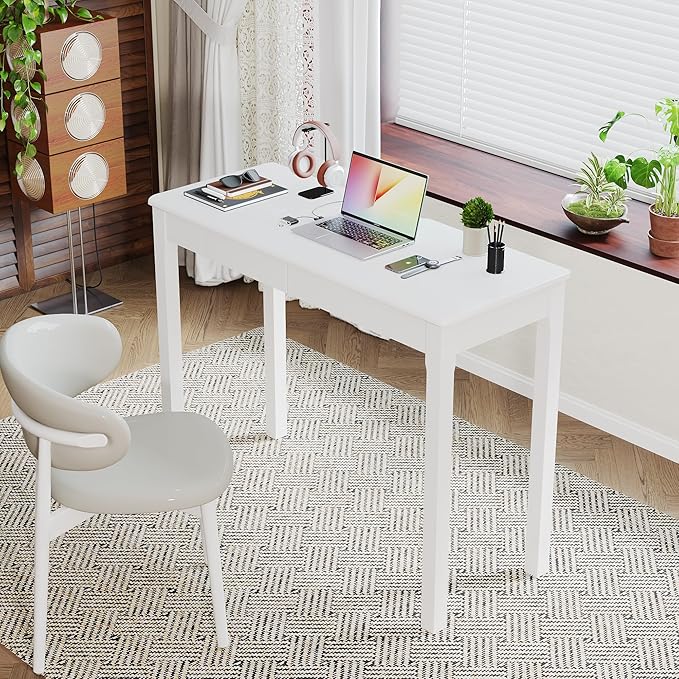 Wood Desk with Drawers - Solid Wood Mid Century Modern Desks for Bedroom Small Computer Desk for PC Laptop Study Makeup 39.4 W x 29.5 H x 15.75 D in White