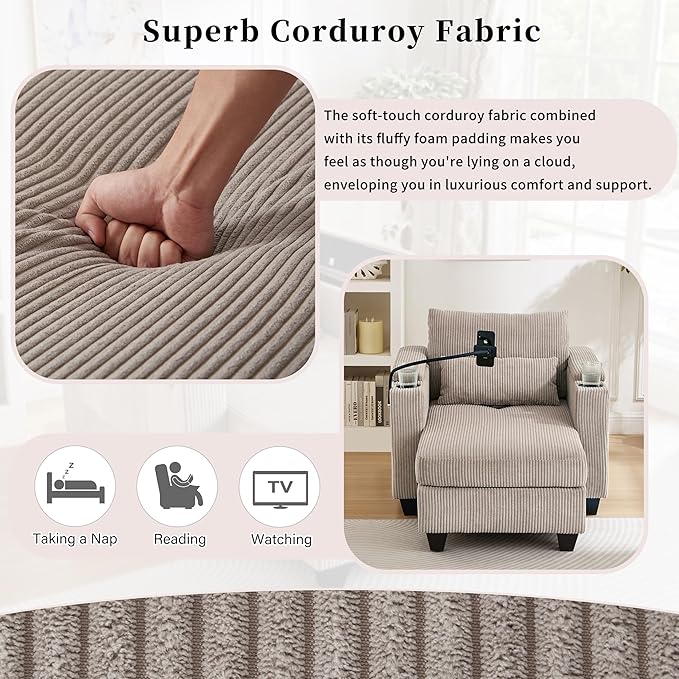 37.4 Convertible Chaise Lounge Corduroy Sleeper Sofa Chair with USB Ports Two Cup Holders Phone Holder and Ample Storage Space for Living Room and Bedroom Brown