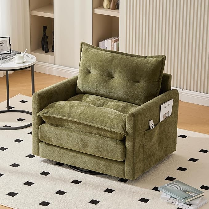 KEIKI 360-Degree Chenille Accent Sofa Chair with Thick Padded Arm and Side Pockets Single Sofa Chair with Memory Foam Support and Solid Metal Base Easy Assembly for Living Room and Bedroom Green
