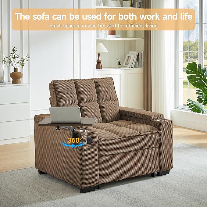 Large Size Convertible Sleeper Chair Futon Sofa Bed Comfortable Thick Cushion Single Sleeper Sofa Handheld Storage and Adjustable Backrest | Reading Chair with Rotating Small Table (Coffee)