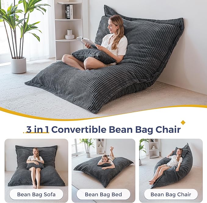MAXYOYO Giant Bean Bag Chair with Pillow 3 in 1 Convertible Bean Bag Chair for Adults with Washable Cover Removable Floor Cushion Stuffed Floor Lounger for Living Room Bedroom Dark Grey Queen