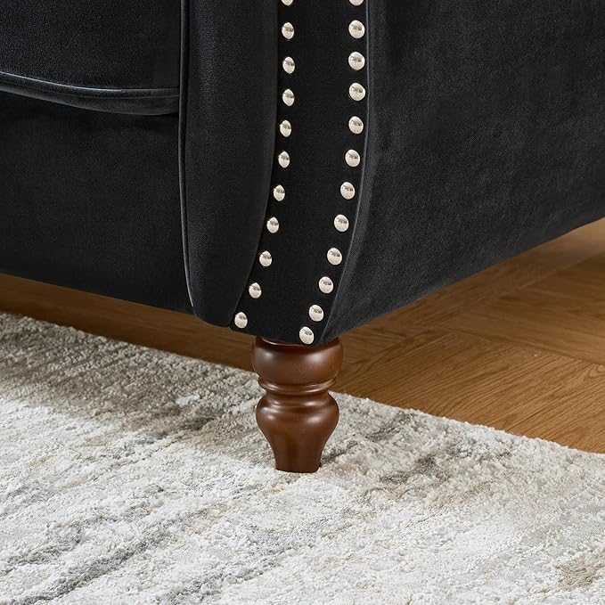 Loveseat Velvet Fabric Two- Seater Couch Buckle Design and Rivet Decoration Deep Seated Double Sofa Suitable for Living Room Bedroom Apartment Hotel etc (black-04)