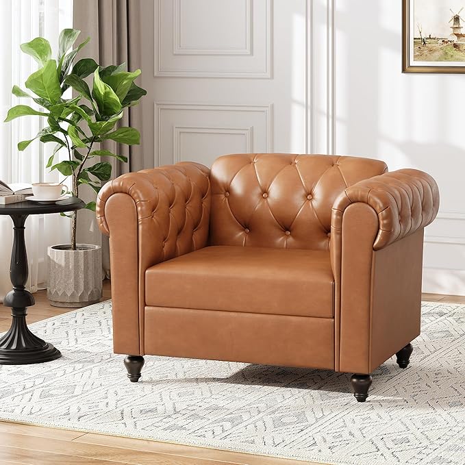 Brown Faux Leather Accent Chairs Button-Tufted Upholstered Club Chair Retro Armchairs Mid Century Modern Accent Chair with Solid Wood Legs Cozy Chesterfield Couch Chairs for Living Room Bedroom