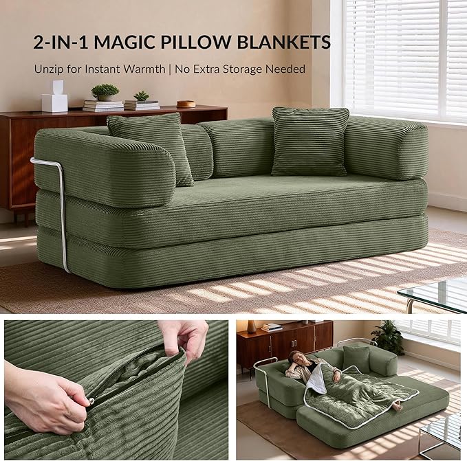 5-in-1 Convertible Sofa Bed Boneless Floor Couch Queen Size with Magic Pillow Blankets Zero-Assembly Sleeper Futon for Apartments Renters &amp Micro-Living Spaces Green